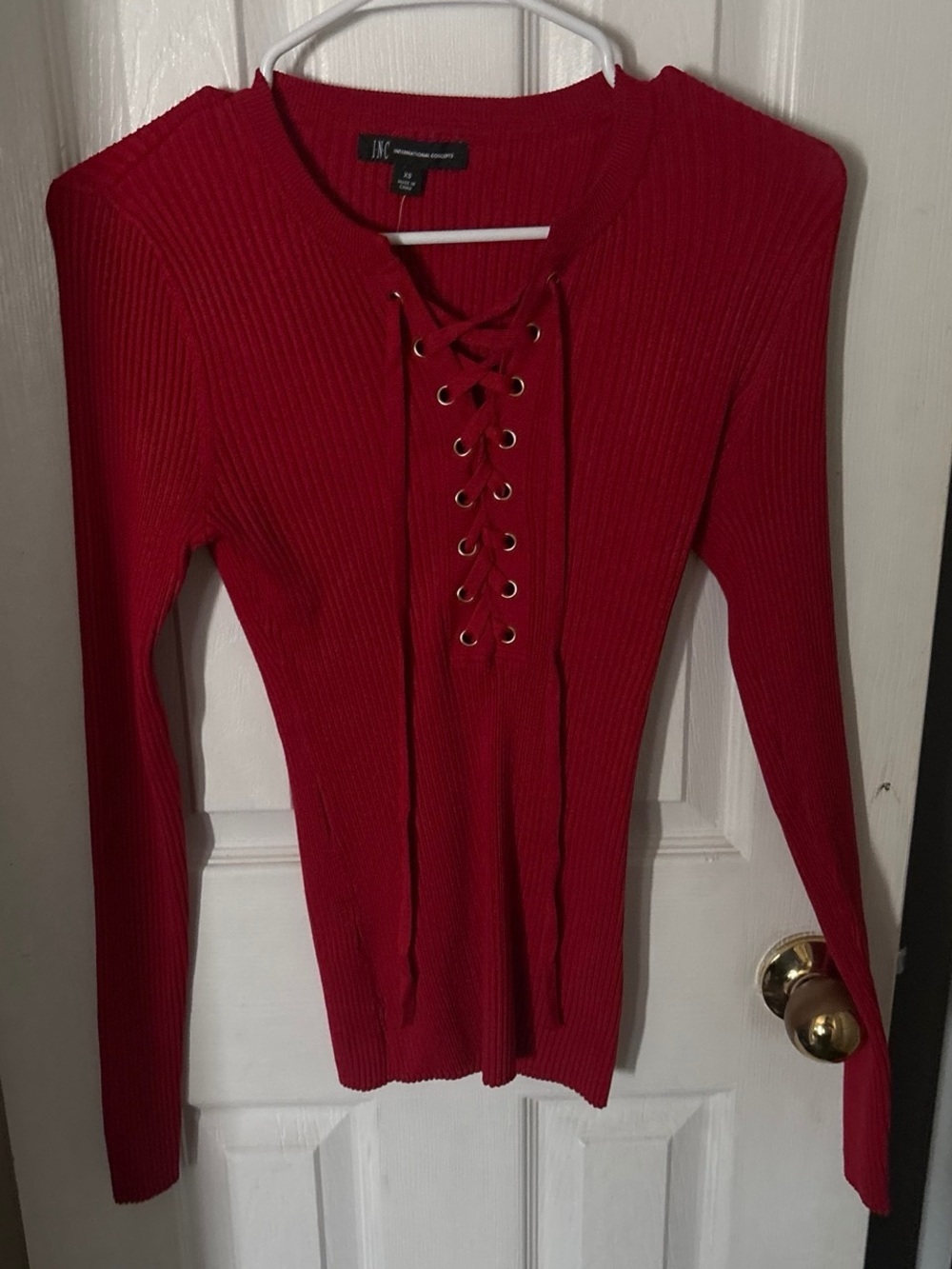 INC International Concepts Red Ribbed Lace-Up Long Sleeve Top